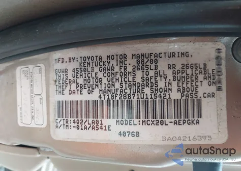 2001 Toyota Avalon Xls z USA, uszkodzony, nr VIN 4T1BF28B71U115421